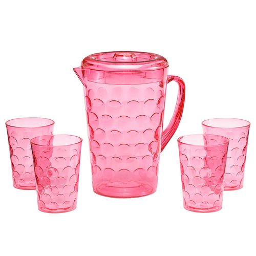 Jarra Acrílico com 4 Copos Agua Suco Gelo  Rosa Decorativo