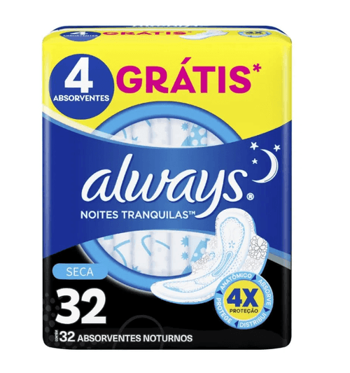 Absorvente Always Noites Tranquilas Cobertura Seca com Abas 32 unidades