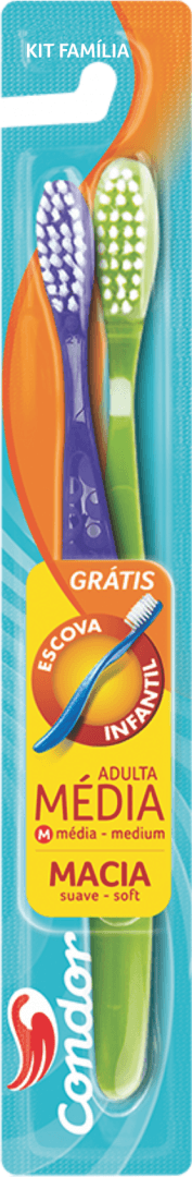 Kit Escova Dental Média Condor - Grátis Escova Dental Infantil Macia (Cores Diversas)