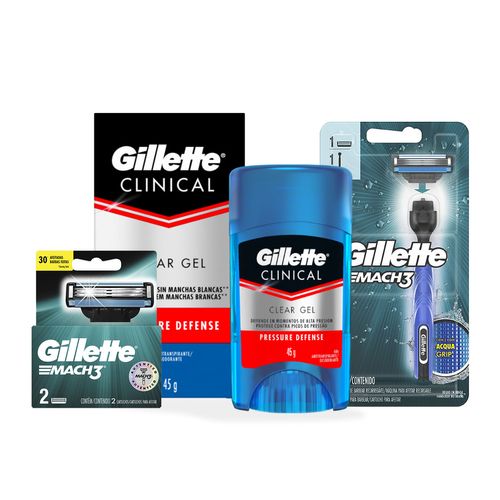 Kit Gillette® Clinical Gel Antitranspirante Pressure Defense 45g+ Aparelho De Barbear MACH3 Acqua Grip com 1 Refil+ Refil De Lâminas MACH3 2 Unidades