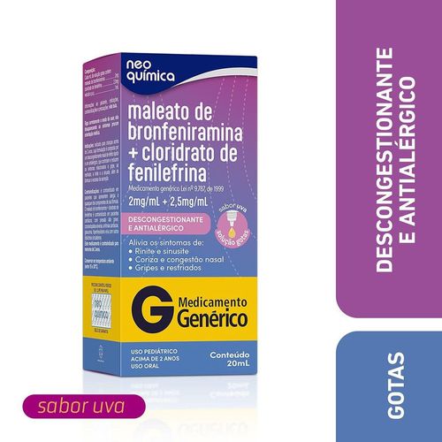 Maleato de Bronfeniramina + Fenilefrina 2+2,5mg Neo Química Gotas 20ml
