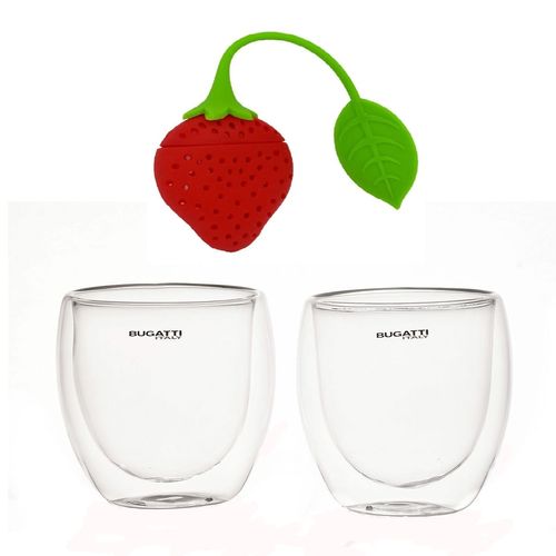 Kit Chá 2 Copos Parede Dupla 250ml e Infusor Ervas Morango