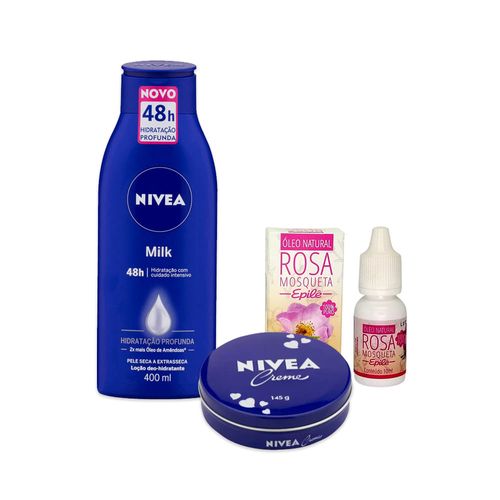 Kit Beleza NIVEA Creme Hidratante Lata 145g + NIVEA Loção Hidratante Milk 400ml + Óleo de Rosa Mosqueta Epilê 10ml
