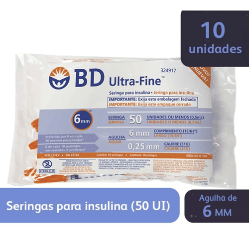 Seringa Para Insulina Bd Ultra-Fine 50Ui Agu 6Mm Com 10 unidades