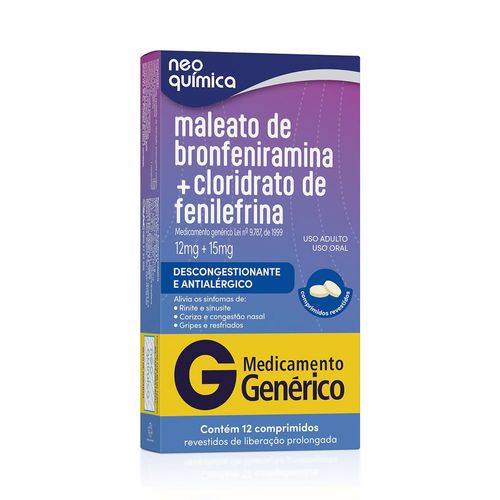 Maleato de Bronfeniramina 12mg + Cloridrato de Fenilefrina 15mg Neo Química 12 comprimidos