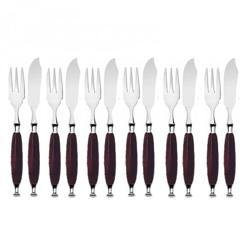 Jogo Garfo e Faca Peixe Cozinha 12 Pçs Bordô Country Bugatti