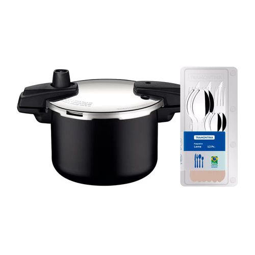 Panela de Pressão Tramontina Arizona em Alumínio, Revestimento Starflon Max 4,5L – Preto + Faqueiro 12 Peças Leme com Lâminas em Aço Inox – Cinza