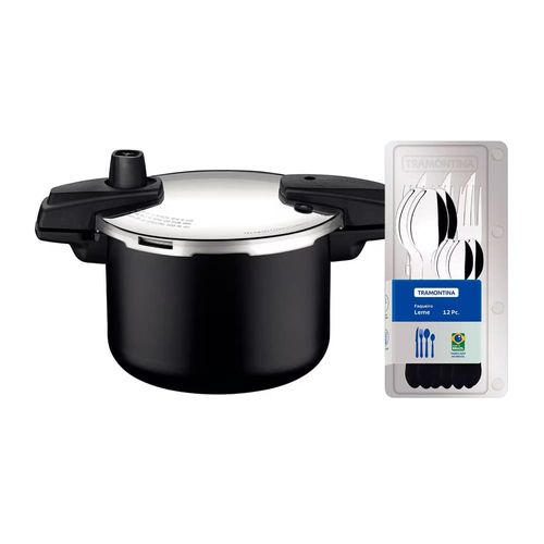 Panela de Pressão Tramontina Arizona em Alumínio, Revestimento Starflon Max 4,5L – Preto + Faqueiro 12 Peças Leme com Lâminas em Aço Inox – Preto