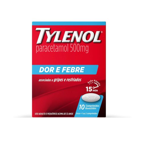 Tylenol Paracetamol 500mg Dor e Febre 10 comprimidos