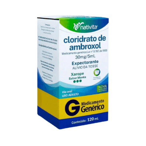 Cloridrato de Ambroxol Xarope Genérico Nativita Farmacêutica 30mg/5mL, caixa com 1 frasco com 100mL de xarope adulto