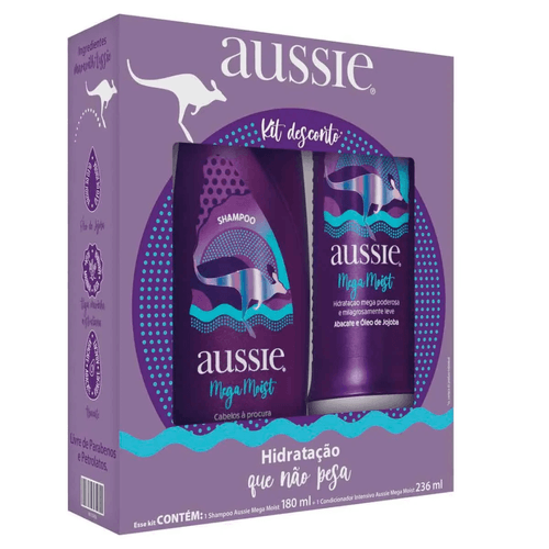 Kit Aussie Mega Moist Shampoo180ml + Creme de Tratamento 3 Minute Miracle 236ml