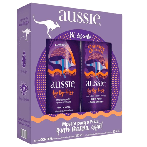 Kit Aussie Bye Bye Frizz Shampoo 180ml + Creme de Tratamento 3 Minute Miracle 236ml