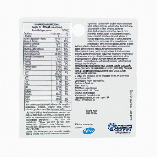 Suplemento Vitamínico-Mineral Centrum De A A Zinco com 30 comprimidos