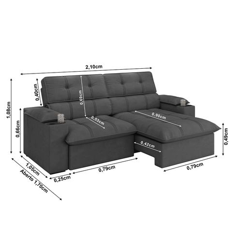 Sofá 3 Lugares Luizzi Besthouse Liverpool Slim com Assento Retrátil e Reclinável, Revestido em Suede - 210cm de Largura Titânio