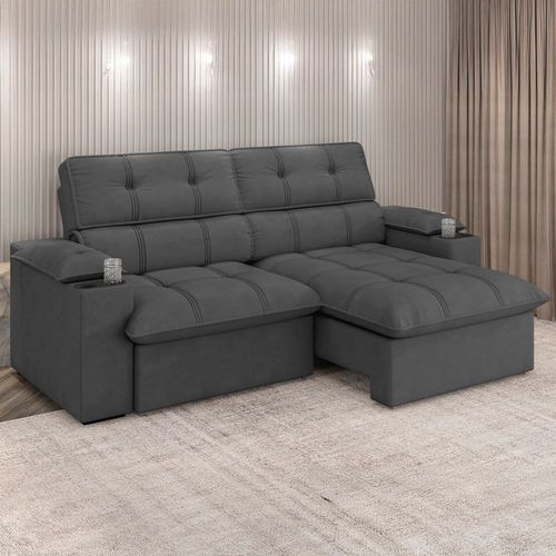 Sofá 3 Lugares Luizzi Besthouse Liverpool Slim com Assento Retrátil e Reclinável, Revestido em Suede - 210cm de Largura Titânio
