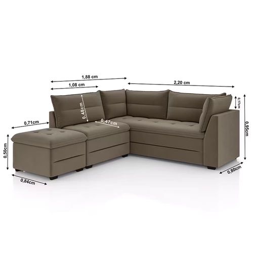 Sofá Modular de Canto 4 Lugares Luizzi Quebec com Pufe e Revestimento em Suede – 408cm de Largura Capuccino