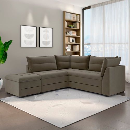 Sofá Modular de Canto 4 Lugares Luizzi Quebec com Pufe e Revestimento em Suede – 408cm de Largura Capuccino