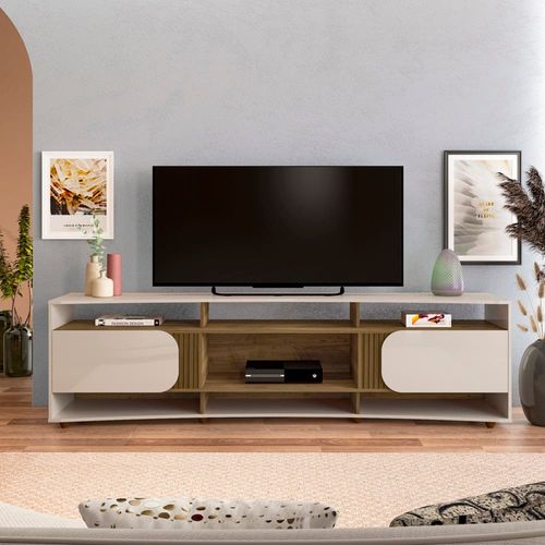 Rack Artely Elegance com 2 Portas, 7 Nichos, 220cm de Largura, ideal para TVs de até 86’’ Off White/Pinho Ripado