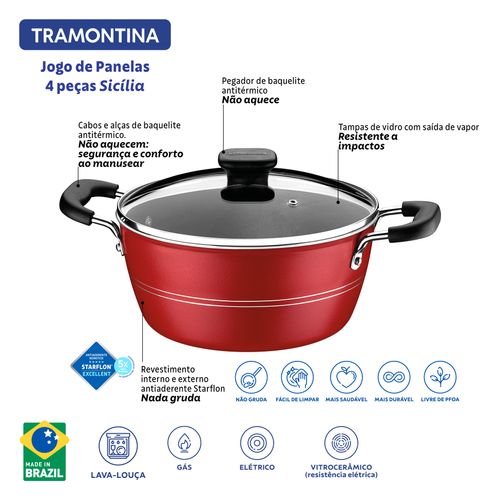 Jogo de Panelas Tramontina Sicília em Alumínio com Revestimento Interno e Externo Antiaderente Starflon Excellent Vermelho – 4 Peças