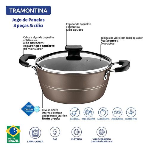 Jogo de Panelas Tramontina Sicília em Alumínio com Revestimento Interno e Externo Antiaderente Starflon Excellent Avelã – 4 Peças