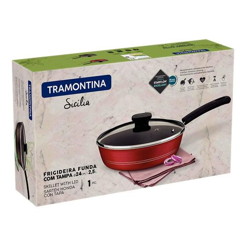 Frigideira Funda Tramontina Sicília em Alumínio com Tampa, Revestimento Interno e Externo em Antiaderente Starflon Excellent Vermelha - 24 cm