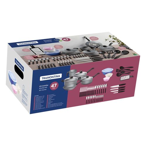 Kit de Cozinha 47 Peças Tramontina com Panelas Antiaderentes em Alumínio, Talheres, Facas e Utensílios Domésticos