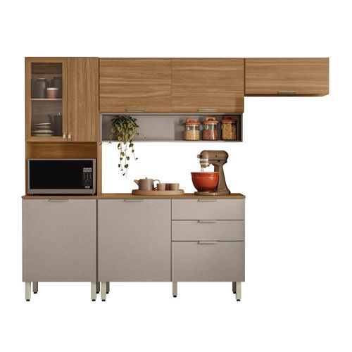 Cozinha Compacta Demóbile Aspen com Balcão, 8 Portas, 2 Gavetas e 3 Prateleiras – 250cm de largura Amêndola/Nude