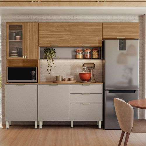 Cozinha Compacta Demóbile Aspen com Balcão, 8 Portas, 2 Gavetas e 3 Prateleiras – 250cm de largura Amêndola/Nude