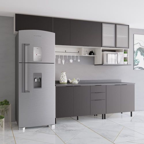 Cozinha Completa Bartira Rubi com 7 Portas + 2 Portas de Vidro, 5 Prateleiras, 3 Gavetas, 1 Nicho para Micro-ondas e 360cm de Largura – Preto