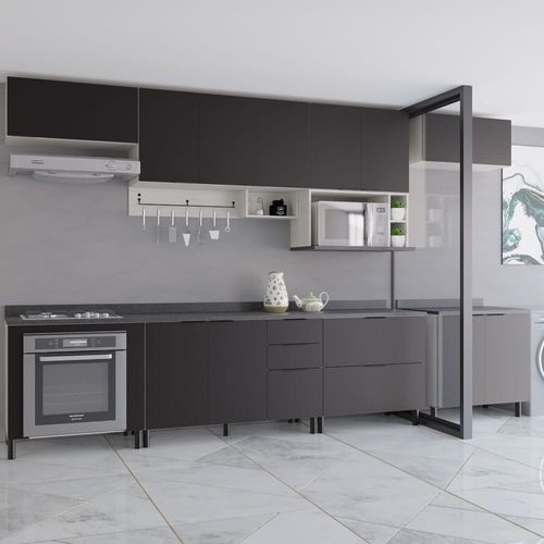 Cozinha Completa Bartira Rubi com 13 Portas, 2 Gavetas, 3 Gavetões, 5 Prateleiras, 1 Nicho e 360cm de Largura - Freixo/Preto Poah