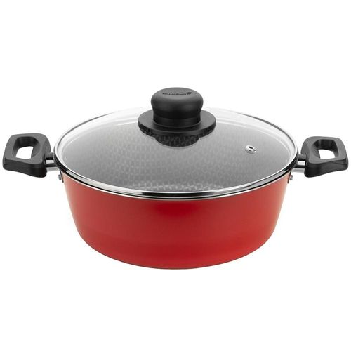 Caçarola Multiflon Essencial em Alumínio com Revestimento Interno Antiaderente e Tampa de Vidro com Saída de Vapor 24 cm – Vermelha