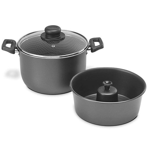 Conjunto Caçarola e Forma para Pudim Multiflon em Alumínio com Revestimento Antiaderente 7 Camadas, Tampa de Vidro e Alças em Baquelite – 24 cm