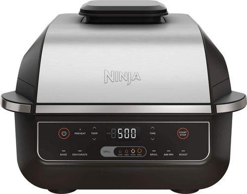 Ninja - Foodi churrasqueira interna de bancada 6 em 1 com fritadeira de ar de 4 litros, assar, assar, grelhar, desidratar - preto/aço inoxidável-EG201