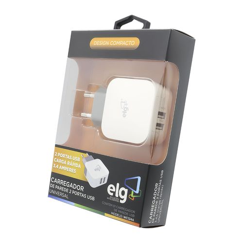 Carregador de Parede Universal 2 USB ELG WC124 Branco