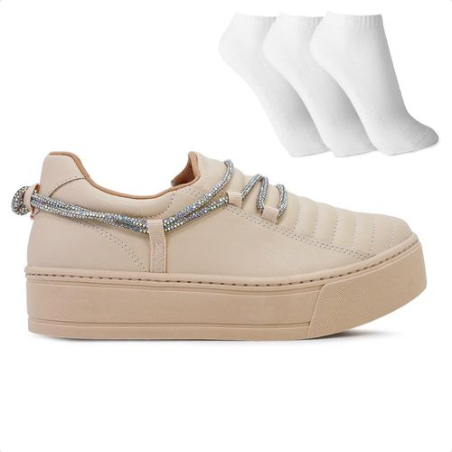 Tênis Ramarim Caixa Alta Slip On Strass Feminino + 3 Pares de Meias
