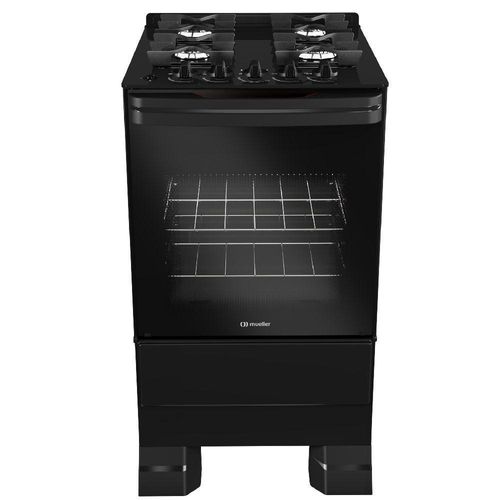 Fogão Mueller 4 Bocas Preto Bivolt Mesa De Vidro Grades Ferro Fundido MFV4BF