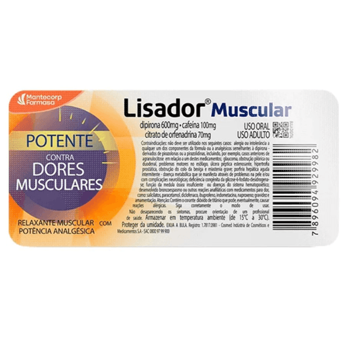 Lisador Muscular Dipirona 600Mg + Cafeína 100Mg + Citrato De Orfenadrina 70Mg 6 Comprimidos Revestidos