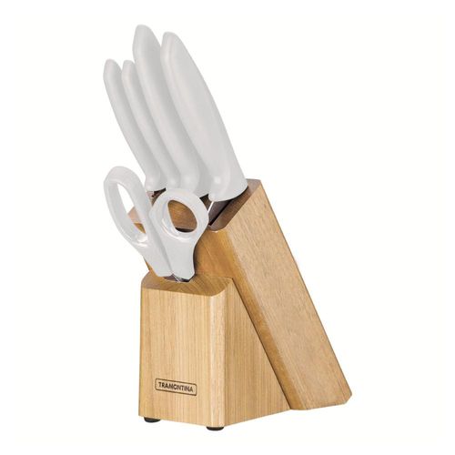 Jogo de Facas Tramontina Plenus em Aço Inox e Polipropileno Suporte de Madeira Off White 6 Peças