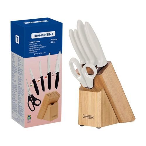 Jogo de Facas Tramontina Plenus em Aço Inox e Polipropileno Suporte de Madeira Off White 6 Peças