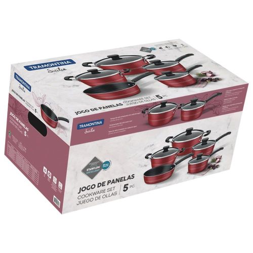 Jogo de Panelas Tramontina Sicília 5 Peças Vermelho em Alumínio Antiaderente Starflon Excellent