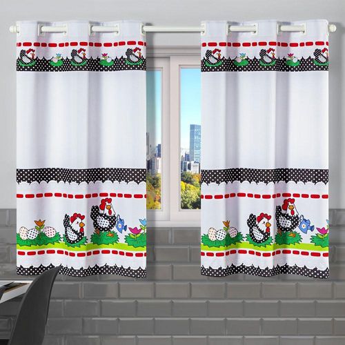 Cortina gourmet varão cozinha tecido oxford 2,00m x 1,30m - galinha branca