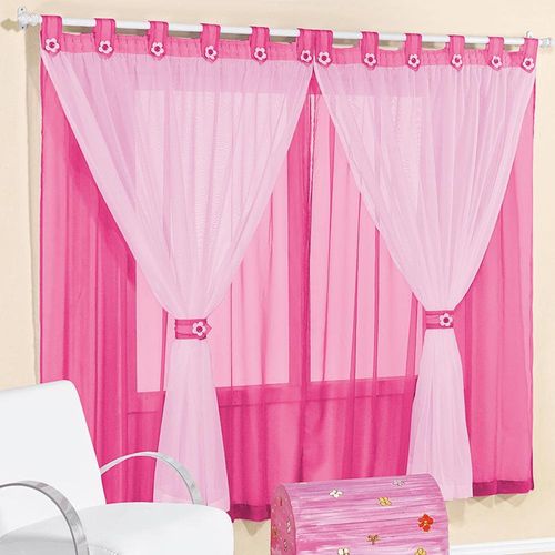 Cortina infantil juvenil para varão tecido voal 2,00 x 1,70 metros alt - pink e branco